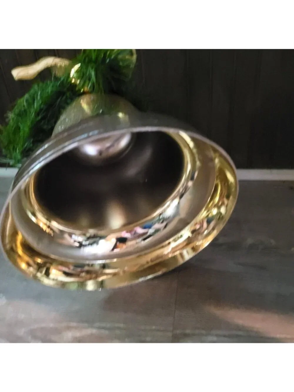 Large Double Gold Christmas Bell Ornament Hanging Plastic Greenery Gold Ribbon